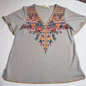 Savanna‎ Jane Womens Gray Embroidered Floral V-Neck Short Sleeve Top Small 18780